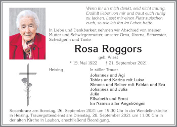 Traueranzeige von Rosa Roggors von Allgäuer Zeitung,Kempten