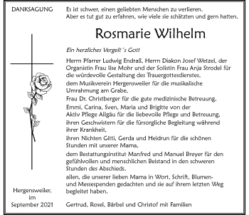 Traueranzeige von Rosmarie Wilhelm von Der Westallgäuer