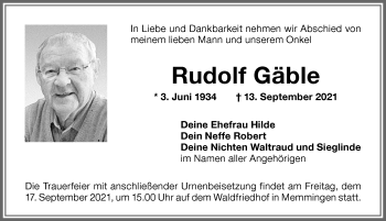 Traueranzeige von Rudolf Gäble von Memminger Zeitung