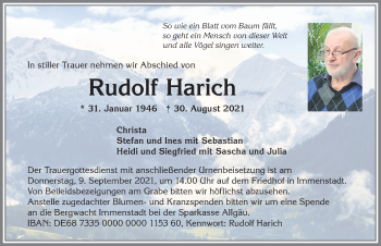 Traueranzeige von Rudolf Harich von Allgäuer Anzeigeblatt