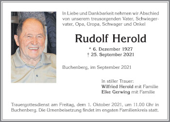 Traueranzeige von Rudolf Herold von Allgäuer Zeitung,Kempten