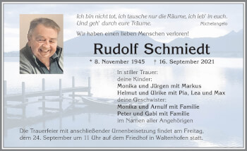 Traueranzeige von Rudolf Schmiedt von Allgäuer Zeitung,Kempten