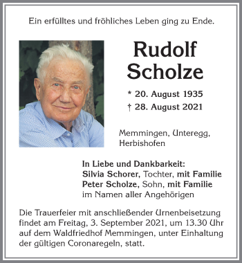 Traueranzeige von Rudolf Scholze von Memminger Zeitung