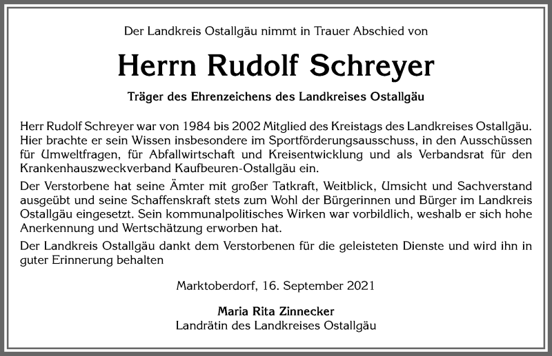  Traueranzeige für Rudolf Schreyer vom 16.09.2021 aus Allgäuer Zeitung