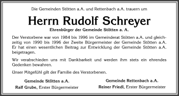 Traueranzeige von Rudolf Schreyer von Allgäuer Zeitung, Marktoberdorf