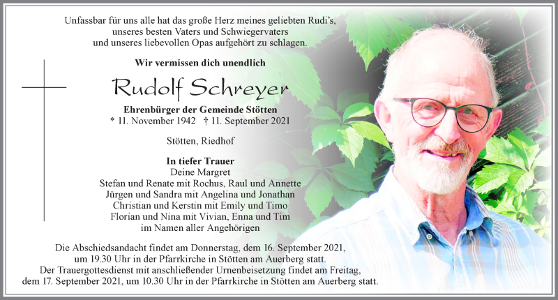  Traueranzeige für Rudolf Schreyer vom 15.09.2021 aus Allgäuer Zeitung, Marktoberdorf