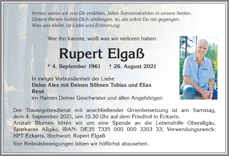  Traueranzeige für Rupert Elgaß vom 02.09.2021 aus Allgäuer Anzeigeblatt