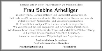 Traueranzeige von Sabine Arheiliger von Allgäuer Zeitung,Kempten