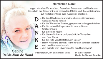 Traueranzeige von Sabine Reßle-Van de Waal von Allgäuer Zeitung, Kaufbeuren/Buchloe