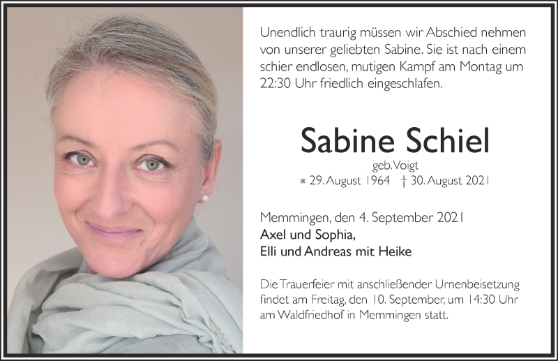  Traueranzeige für Sabine Schiel vom 04.09.2021 aus Allgäuer Zeitung