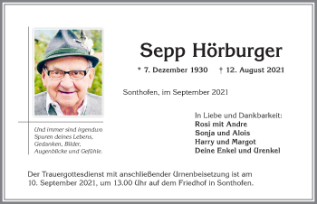 Traueranzeige von Sepp Hörburger von Allgäuer Anzeigeblatt