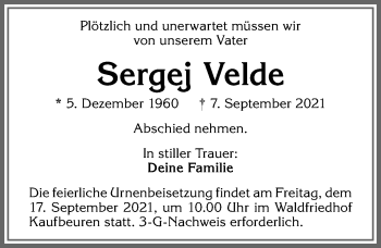 Traueranzeige von Sergej Velde von Allgäuer Zeitung, Kaufbeuren/Buchloe