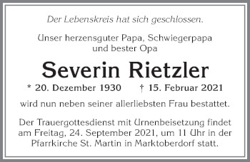 Traueranzeige von Severin Rietzler von Allgäuer Zeitung, Marktoberdorf