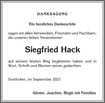 Traueranzeige von Siegfried Hack von Allgäuer Anzeigeblatt