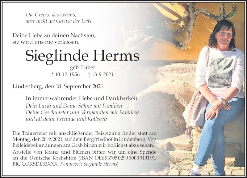  Traueranzeige für Sieglinde Herms vom 18.09.2021 aus Der Westallgäuer