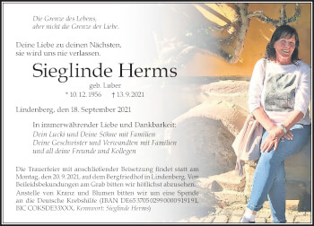 Traueranzeige von Sieglinde Herms von Der Westallgäuer