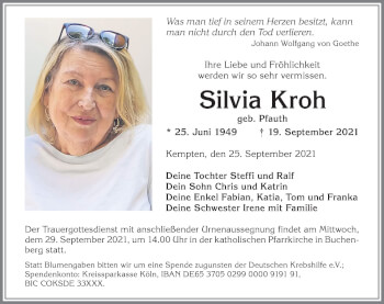 Traueranzeige von Silvia Kroh von Allgäuer Zeitung,Kempten