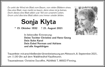 Traueranzeige von Sonja Klyta von Allgäuer Zeitung, Kaufbeuren/Buchloe