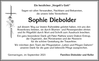 Traueranzeige von Sophie Diebolder von Allgäuer Zeitung, Kaufbeuren/Buchloe