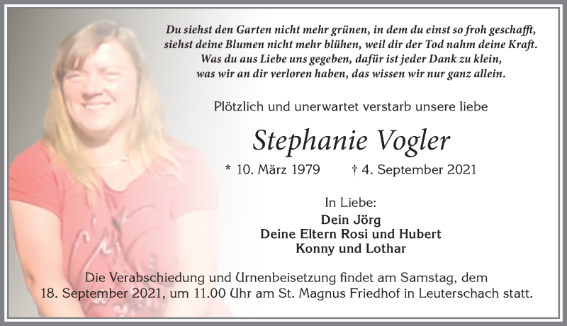  Traueranzeige für Stephanie Vogler vom 11.09.2021 aus Allgäuer Zeitung, Marktoberdorf