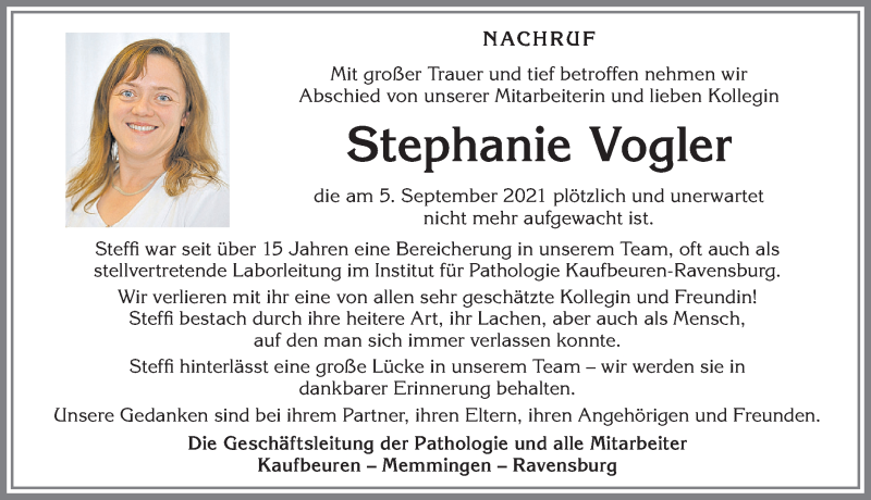  Traueranzeige für Stephanie Vogler vom 11.09.2021 aus Allgäuer Zeitung