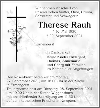 Traueranzeige von Therese Rauh von Allgäuer Zeitung,Kempten