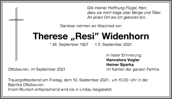 Traueranzeige von Therese Widenhorn von Memminger Zeitung