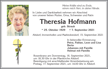 Traueranzeige von Theresia Hofmann von Allgäuer Zeitung, Marktoberdorf