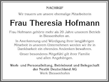 Traueranzeige von Theresia Hofmann von Allgäuer Zeitung