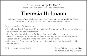 Traueranzeige von Theresia Hofmann von Allgäuer Zeitung, Marktoberdorf