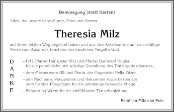 Traueranzeige von Theresia Milz von Allgäuer Anzeigeblatt