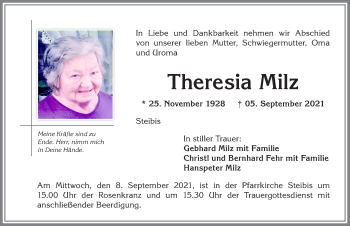 Traueranzeige von Theresia Milz von Allgäuer Anzeigeblatt