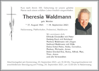 Traueranzeige von Theresia Waldmann von Allgäuer Zeitung,Kempten