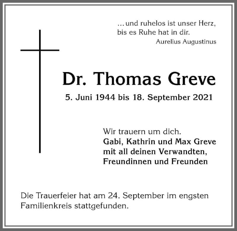  Traueranzeige für Thomas Greve vom 25.09.2021 aus Allgäuer Anzeigeblatt