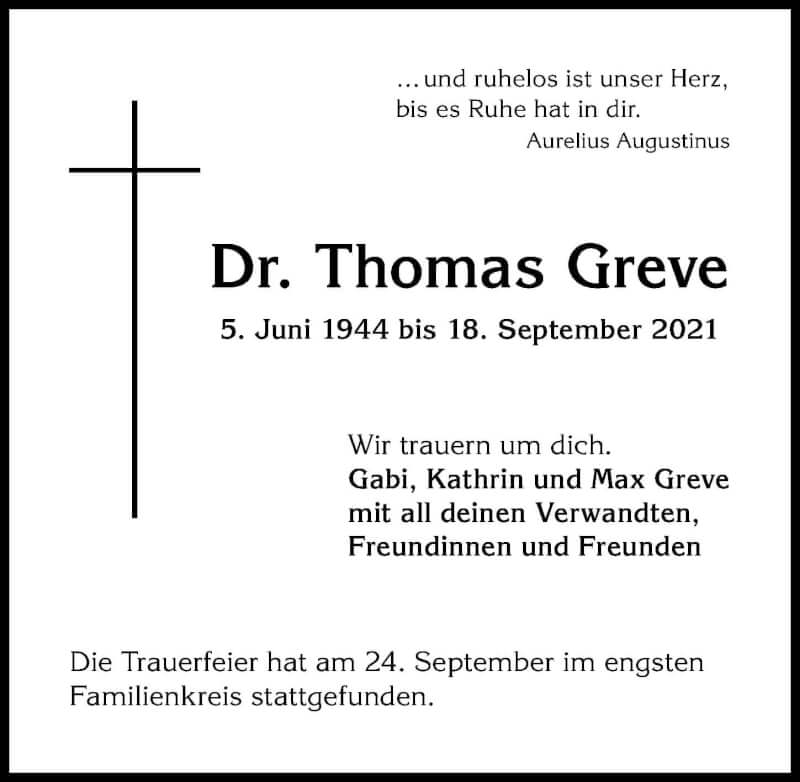  Traueranzeige für Thomas Greve vom 25.09.2021 aus Allgäuer Zeitung,Kempten