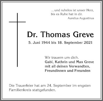 Traueranzeige von Thomas Greve von Allgäuer Anzeigeblatt
