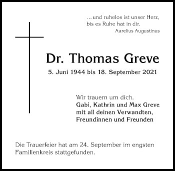 Traueranzeige von Thomas Greve von Allgäuer Zeitung,Kempten