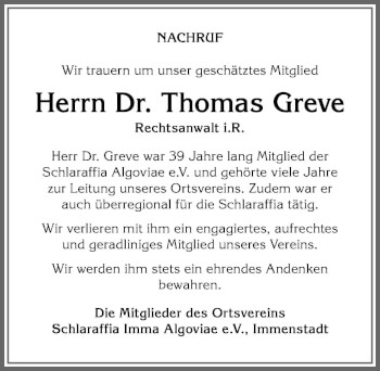 Traueranzeige von Thomas Greve von Allgäuer Anzeigeblatt