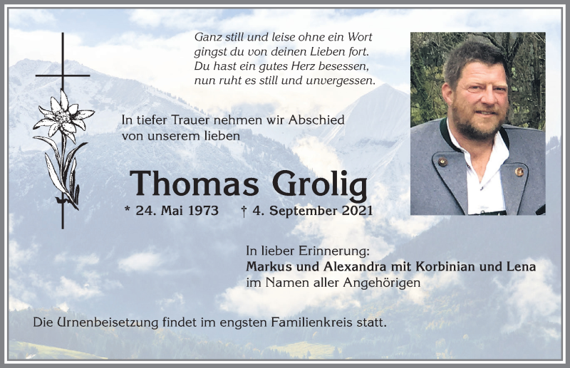  Traueranzeige für Thomas Grolig vom 11.09.2021 aus Allgäuer Anzeigeblatt