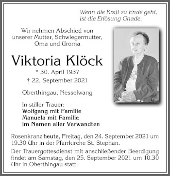 Traueranzeige von Viktoria Klöck von Allgäuer Zeitung, Marktoberdorf