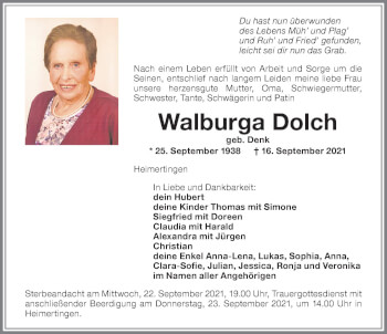Traueranzeige von Walburga Dolch von Memminger Zeitung
