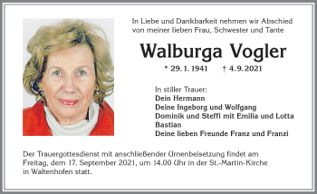 Traueranzeige von Walburga Vogler von Allgäuer Zeitung,Kempten