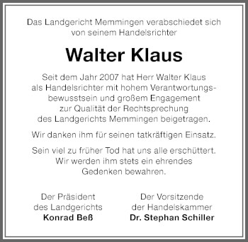 Traueranzeige von Walter Klaus von Memminger Zeitung
