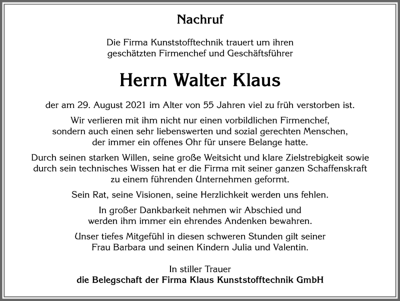  Traueranzeige für Walter Klaus vom 06.09.2021 aus Memminger Zeitung