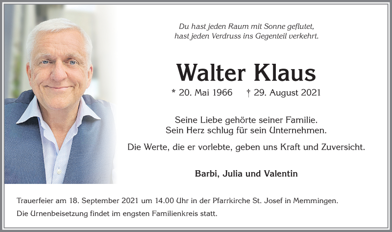  Traueranzeige für Walter Klaus vom 03.09.2021 aus Memminger Zeitung
