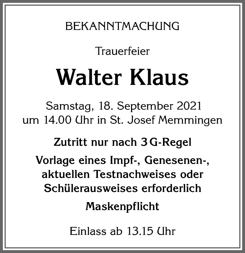  Traueranzeige für Walter Klaus vom 15.09.2021 aus Memminger Zeitung