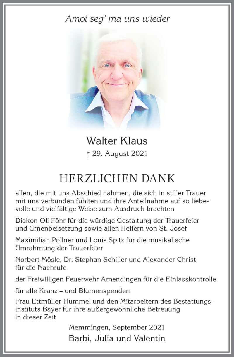  Traueranzeige für Walter Klaus vom 24.09.2021 aus Memminger Zeitung