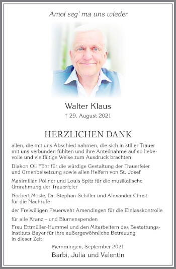Traueranzeige von Walter Klaus von Memminger Zeitung