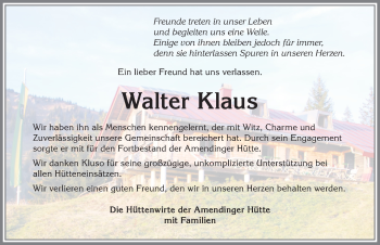 Traueranzeige von Walter Klaus von Memminger Zeitung