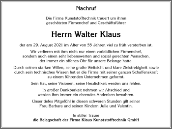 Traueranzeige von Walter Klaus von Memminger Zeitung